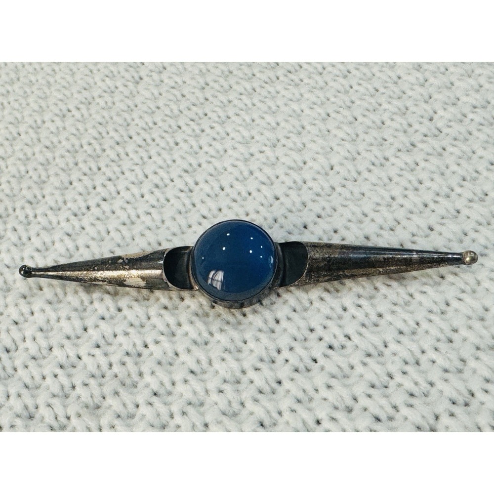 Vintage Modernist Blue Cabochon Silver Tone Bar Brooch Pin Abstract Design